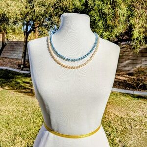 Vintage G Silver Filigree Clasp Hand Knotted 24" White+Grey Pearl 2-Necklace Set
